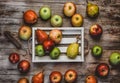 top view of hand scales, apples and pears in box Royalty Free Stock Photo