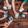 Top view hands circle using phone in cafe - Multiracial friends mobile addicted interior scene from above - Wifi