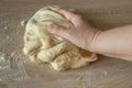 Top view on the hands of a cook who kneads yeast dough for baking