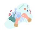 Top view on hands in process of sewing bunny toy, flat vector illustration. Royalty Free Stock Photo