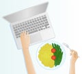 Top view of the hands of Woman eating Healthy meal while working on Laptop