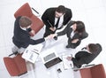 Top view.handshake, businessman and business woman over a Desk Royalty Free Stock Photo