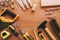 Top view of handyman housework repairing tools