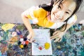 Top view,happy asian female people enjoy paint activities having fun,relax, smiling teenage girl with palette and paintbrush to