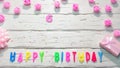 Top view of happy birthday 6 candle letters for a girl in pink shades with beautiful rose flowers, postcard congratulation copy Royalty Free Stock Photo