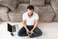 Top view of a happy mature man using mobile phone Royalty Free Stock Photo