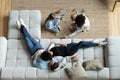 Top view of happy multiethnic family relax at home