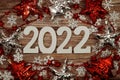 2022 Happy New Year and Christmas decoration on wooden background Royalty Free Stock Photo