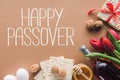 top view of happy passover greeting and matza on brown Passover Royalty Free Stock Photo