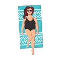 Top view of happy sunbathing woman on the beach sun. Plus size lady relax and tanning. Flat style vector isolated