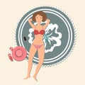 Top view of happy sunbathing woman on the beach sun. Relax and tanning. Flat style vector isolated illustration