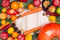 Top view of fresh harvested vegetables, fruits, herbs. copyspace Royalty Free Stock Photo