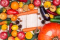 Top view of fresh harvested vegetables, fruits, herbs. copyspace Royalty Free Stock Photo