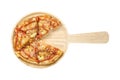 Top view of Hawaiian pizza on wooden plate isolated