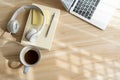 Top view of headphones coffee and laptop on flooring home in the morning and sunlight. Flat lay