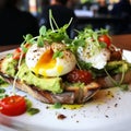 Top view healthy avocado toasts breakfast lunch avocado toast fried eggs