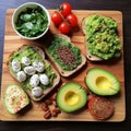 Top view healthy avocado toasts breakfast lunch avocado toast fried eggs