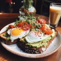 Top view healthy avocado toasts breakfast lunch avocado toast fried eggs