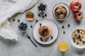 top view of healthy breakfast with homemade pancakes fresh fruits and honey Royalty Free Stock Photo