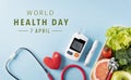 Top view of healthy food in plate with stethoscope and red heart for cholesterol diet and diabetes control. World health day and Royalty Free Stock Photo