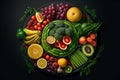 Top View of Healthy Food Vegetables and Fruits Raw Foodstuffs on the Circle Plate Royalty Free Stock Photo