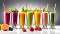 Top view of healthy fresh fruit and vegetable smoothies with various ingredients served in glass glasses with white background, Royalty Free Stock Photo