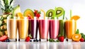 Top view of healthy fresh fruit and vegetable smoothies with various ingredients served in glass glasses with white background, Royalty Free Stock Photo