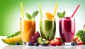 Top view of healthy fresh fruit and vegetable smoothies with various ingredients served in glass glasses with white background, Royalty Free Stock Photo