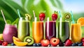 Top view of healthy fresh fruit and vegetable smoothies with various ingredients served in glass glasses with white background, Royalty Free Stock Photo