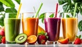 Top view of healthy fresh fruit and vegetable smoothies with various ingredients served in glass glasses with white background, Royalty Free Stock Photo