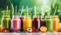 Top view of healthy fresh fruit and vegetable smoothies with various ingredients served in glass glasses with white background, Royalty Free Stock Photo