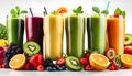 Top view of healthy fresh fruit and vegetable smoothies with various ingredients served in glass glasses with white background, Royalty Free Stock Photo