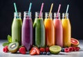 Top view of healthy fresh fruit and vegetable smoothies with various ingredients served in glass glasses with white background, Royalty Free Stock Photo