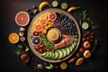 Top view of a healthy meal consisting of fresh fruits, vegetables, and lean proteins, arranged in an eye - catching and visually