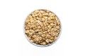 Top view of healthy oats in a cup isolation