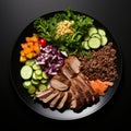 Top view of healthy salad bowl with quinoa, broccoli, cucumber, lettuce, onion and grilled pork cutlets served on the black plate.