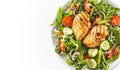 Top view healthy salad with grilled chicken topped with sesame seeds, rocket, spring peas, cherry tomatoes, sliced Royalty Free Stock Photo