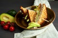 Top view of Healthy Sandwich toast with lettuce, ham, cheese and tomato on a wooden background Royalty Free Stock Photo