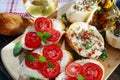 top-view of a healthy sandwiches with tomato and basil ,savory, olive oil Royalty Free Stock Photo