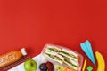 Healthy school lunch box sandwich vegetables juice fruits copy s Royalty Free Stock Photo