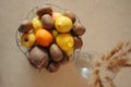 Top view of healthy variety of food - bowl of different tropic fruits