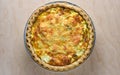 Top view of a healthy vegetarian spinach quiche pie fresh from t