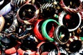 Top view of a heap of colorful bangles for sale