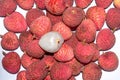 A heap of fresh Lychee with a peeled Lychee on top Royalty Free Stock Photo