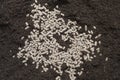 Top view of heap granulated chicken manure on black soil. Eco home gardening concept