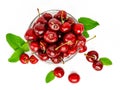Top view of heap of sweet cherries with mint leaves.