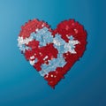 Top view on heart made of small blue, white, red pieces on blue background. AI generative art