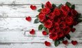 Top-view, Heart of Roses on Rustic Wooden Texture background, perfect for romantic occasions and expressions of love,Generated AI