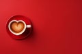 Top view of heart shaped coffee cup on side of red background with copy space Royalty Free Stock Photo