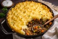 Top view of a hearty Shepherds Pie with golden brown mashed potato crust, savory meat filling, and steam rising from the dish